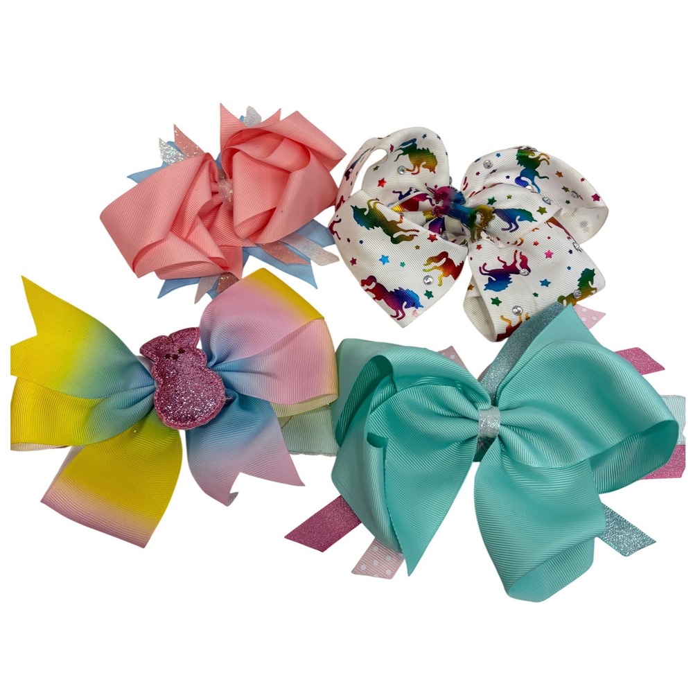Jojo Siwa Style Large Grosgrain Hair Bow Set Unicorn Rainbow Bunny 4pc Lot